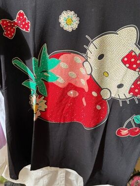 Hello Kitty Black Short Sleeve Tee with Red Strawberry and Green Leaves